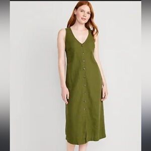 NWT Old Navy Earthy Green Button Front Linen Blend Tie Back Maxi Column Dress
